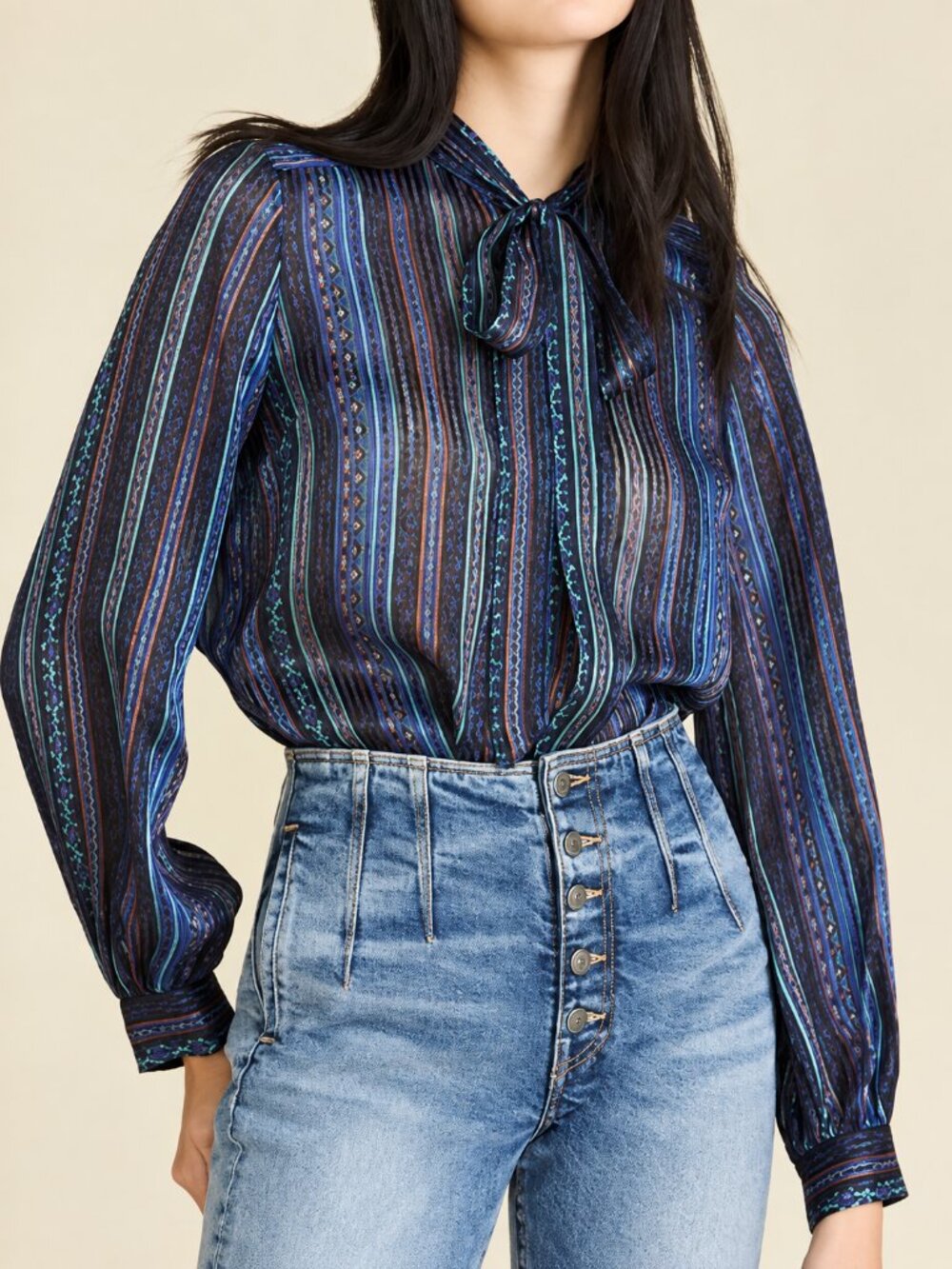 Veronica Beard Malaya Blue Satin Mixed Stripe Tie Neck Blouse Top SZ 6 Academia